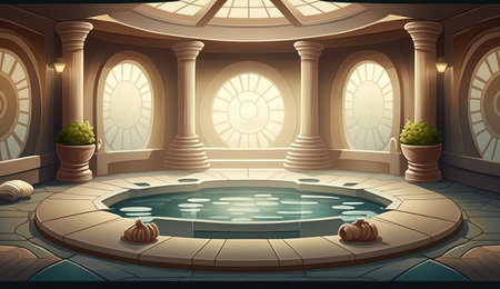 Elegant luxury royal wellness bathtub spa interior, poster for spa center or roman bath in cartoon style. AI generated.の素材