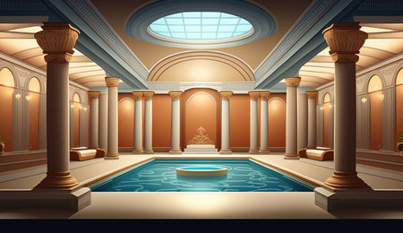 Elegant luxury royal wellness bathtub spa interior, poster for spa center or roman bath in cartoon style. AI generated.の素材