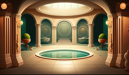 Elegant luxury royal wellness bathtub spa interior, poster for spa center or roman bath in cartoon style. AI generated.の素材