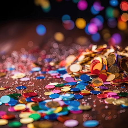 Multi-colored bright confetti on a backdrop with bokeh effect. Abstract glamor texture for holiday party. Generated AI.の素材