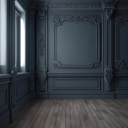 Interior dark wall with wooden molds and wooden carving. Old classic Victorian interior style. Generated AIの素材