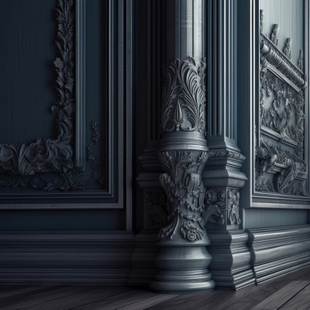 Interior dark wall with wooden molds and wooden carving. Old classic Victorian interior style. Generated AIの素材