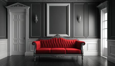 Interior dark wall with wooden molds and wooden carving decorations and red sofa . Old classic Victorian interior style. Generated AIの素材