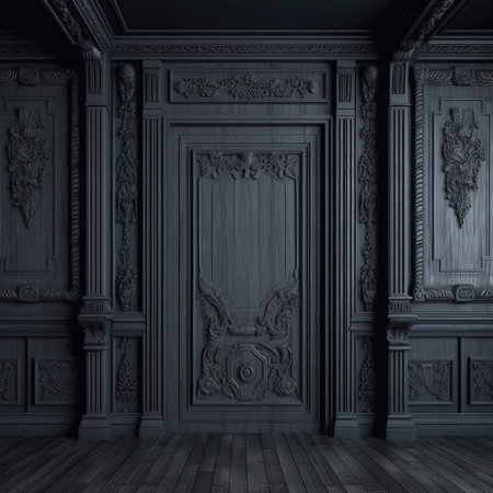 Interior dark wall with wooden molds and wooden carving. Old classic Victorian interior style. Generated AIの素材