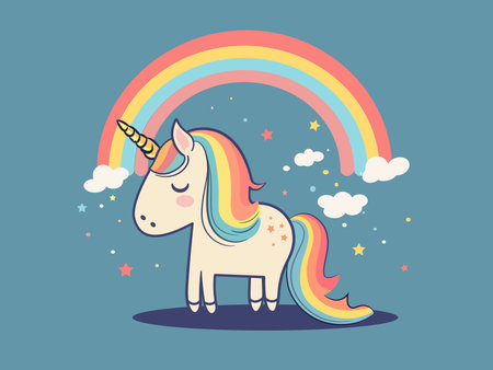 Cute unicorn and rainbow clipart in flat cartoon style. Nursery unicorn illustration. greeting card templateのイラスト素材