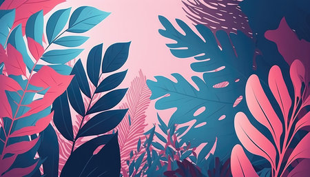 Pink and blue Foliage decorative background in flat style Various abstract tropical leaves on a dark background. Generative AI.の素材
