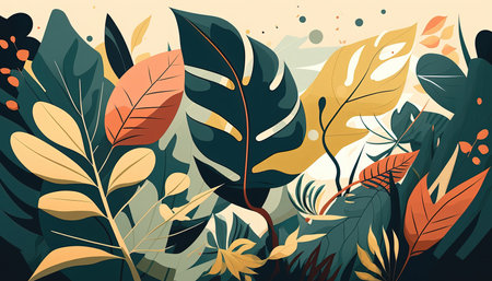 Foliage decorative background in flat style Various abstract tropical leaves on a dark background. Generative AI.の素材