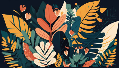 Foliage decorative background in flat style Various abstract tropical leaves on a dark background. Generative AI.の素材