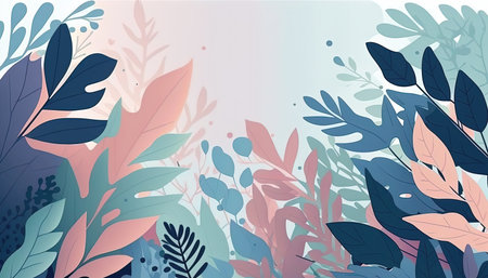 Pink and blue Foliage decorative background in flat style Various abstract tropical leaves on a dark background. Generative AI.の素材