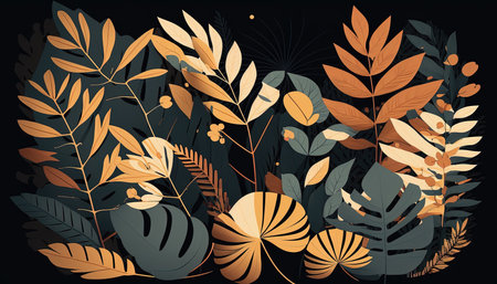 Foliage decorative background in flat style Various abstract tropical leaves on a dark background. Generative AI.の素材