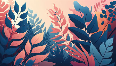 Pink and blue Foliage decorative background in flat style Various abstract tropical leaves on a dark background. Generative AI.の素材