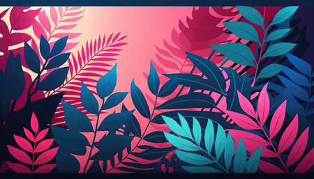 Pink and blue Foliage decorative background in flat style Various abstract tropical leaves on a dark background. Generative AI.の素材