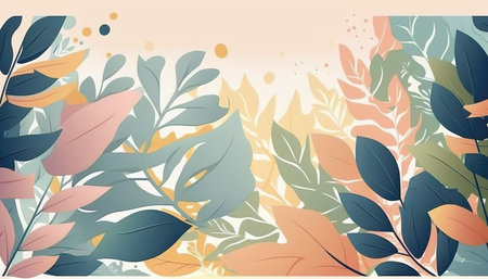 Pastel colored Foliage decorative background in flat style Various abstract tropical leaves on a dark background. Generative AI.の素材