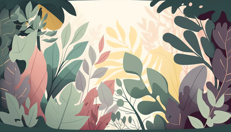 Pastel colored Foliage decorative background in flat style Various abstract tropical leaves on a dark background. Generative AI.の素材