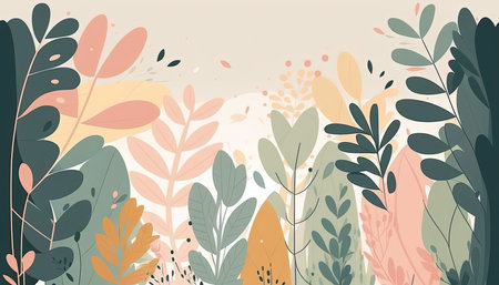Pastel colored Foliage decorative background in flat style Various abstract tropical leaves on a dark background. Generative AI.の素材