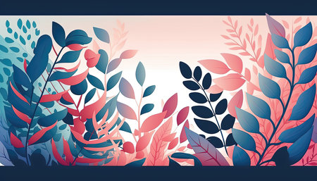 Pink and blue Foliage decorative background in flat style Various abstract tropical leaves on a dark background. Generative AI.の素材