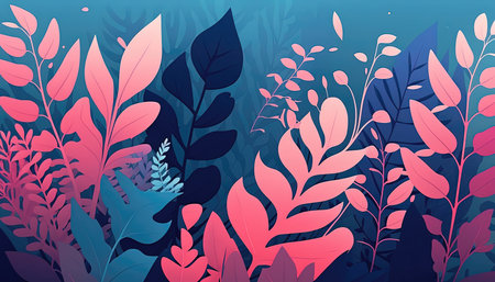 Pink and blue Foliage decorative background in flat style Various abstract tropical leaves on a dark background. Generative AI.の素材