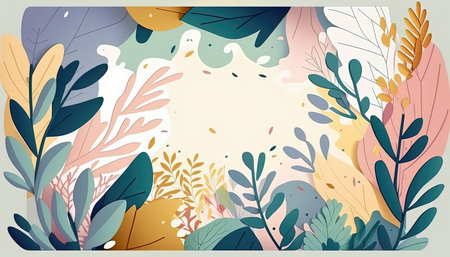 Pastel colored Foliage decorative background in flat style Various abstract tropical leaves on a dark background. Generative AI.の素材