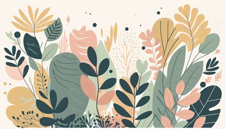 Pastel colored Foliage decorative background in flat style Various abstract tropical leaves on a dark background. Generative AI.の素材