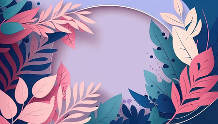 Pink and blue Foliage decorative frame in flat style Various abstract tropical leaves on a dark background. Generative AI.の素材