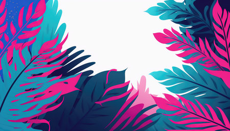 Pink and blue Foliage decorative frame in flat style Various abstract tropical leaves on a dark background. Generative AI.の素材