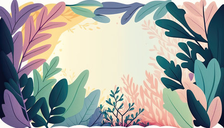 Pastel colored Foliage decorative frame in flat style Various abstract tropical leaves on a dark background. Generative AI.の素材