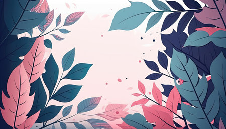 Pink and blue Foliage decorative frame in flat style Various abstract tropical leaves on a dark background. Generative AI.の素材
