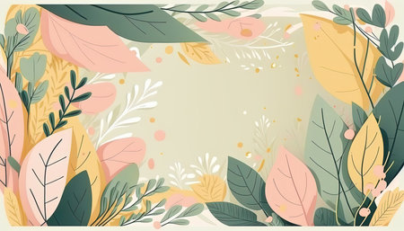Pastel colored Foliage decorative frame in flat style Various abstract tropical leaves on a dark background. Generative AI.の素材