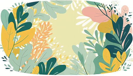 Pastel colored Foliage decorative frame in flat style Various abstract tropical leaves on a dark background. Generative AI.の素材