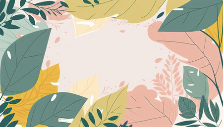 Pastel colored Foliage decorative frame in flat style Various abstract tropical leaves on a dark background. Generative AI.の素材