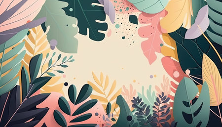 Pastel colored Foliage decorative frame in flat style Various abstract tropical leaves on a dark background. Generative AI.の素材