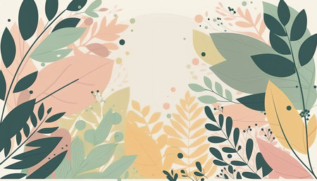 Pastel colored Foliage decorative frame in flat style Various abstract tropical leaves on a dark background. Generative AI.の素材