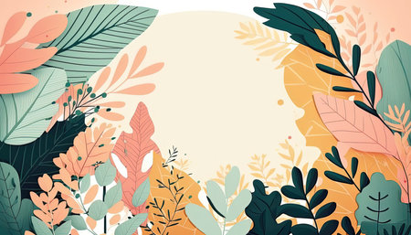 Pastel colored Foliage decorative frame in flat style Various abstract tropical leaves on a dark background. Generative AI.の素材