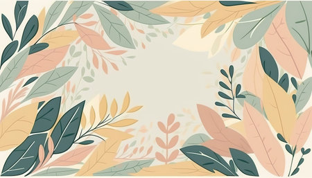 Pastel colored Foliage decorative frame in flat style Various abstract tropical leaves on a dark background. Generative AI.の素材