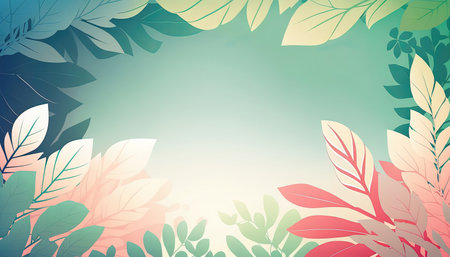 Pastel colored Foliage decorative frame in flat style Various abstract tropical leaves on a dark background. Generative AI.の素材