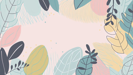 Pastel colored Foliage decorative frame in flat style Various abstract tropical leaves on a dark background. Generative AI.の素材