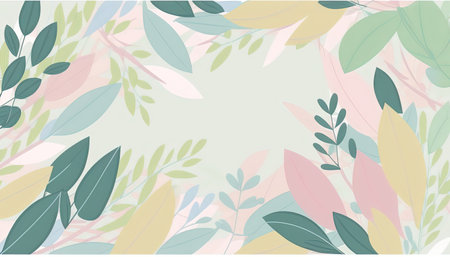 Pastel colored Foliage decorative frame in flat style Various abstract tropical leaves on a dark background. Generative AI.の素材