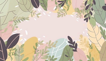 Pastel colored Foliage decorative frame in flat style Various abstract tropical leaves on a dark background. Generative AI.の素材