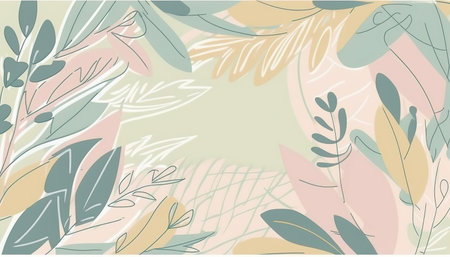 Pastel colored Foliage decorative frame in flat style Various abstract tropical leaves on a dark background. Generative AI.の素材