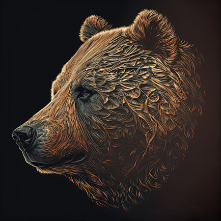 The realistic head of a bear in profile on a dark background is a symbol of the spirit of the forest and wild nature. Generative AIの素材