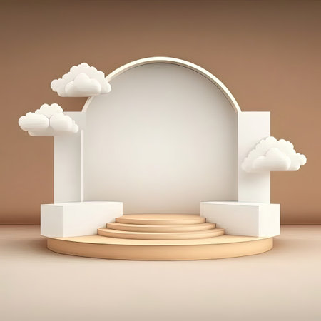 Biege 3d round podium with cloud. Empty space for text. Generative AI.の素材
