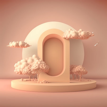 Biege 3d round podium with cloud. Empty space for text. Generative AI.の素材