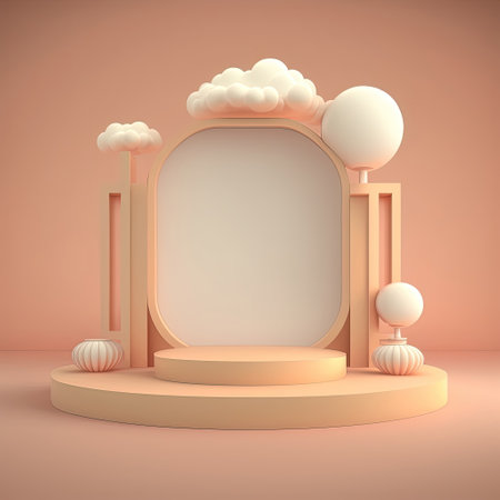 Biege 3d round podium with cloud. Empty space for text. Generative AI.の素材
