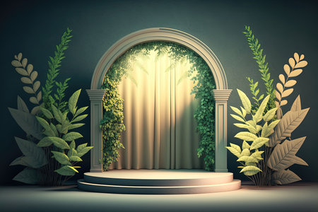Dark Scene with geometric shapes leaves. 3D stage for displaying a product. Generative AIの素材