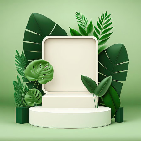 Green background with round black podium for product display. Abstract 3d scene with geometric shapes, palm branches and falling leaves. Generative AIの素材