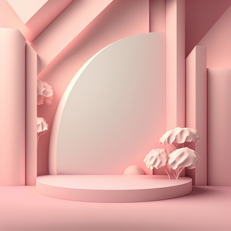 Studio interior with a podium for displaying products with elements of vegetation and decorations. AI generative.の素材