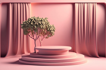 Studio interior with a podium for displaying products with elements of vegetation and decorations. AI generative.の素材
