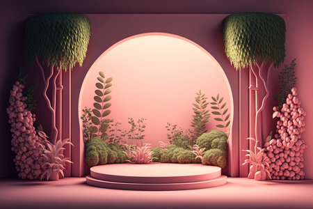 Studio interior with a podium for displaying products with elements of vegetation and decorations. AI generative.の素材