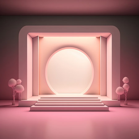 Studio interior with a podium for displaying products with elements of vegetation and decorations. AI generative.の素材