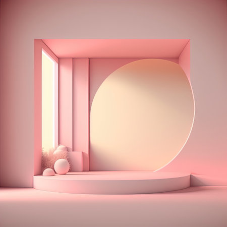Studio interior with a podium for displaying products with elements of vegetation and decorations. AI generative.の素材